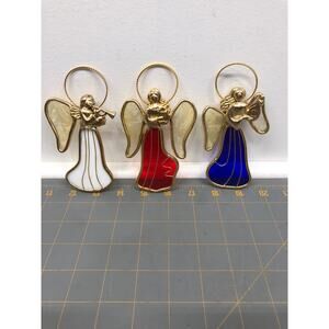 3 Vintage Christmas Angel Ornaments Stained Glass and Metal Suncatcher